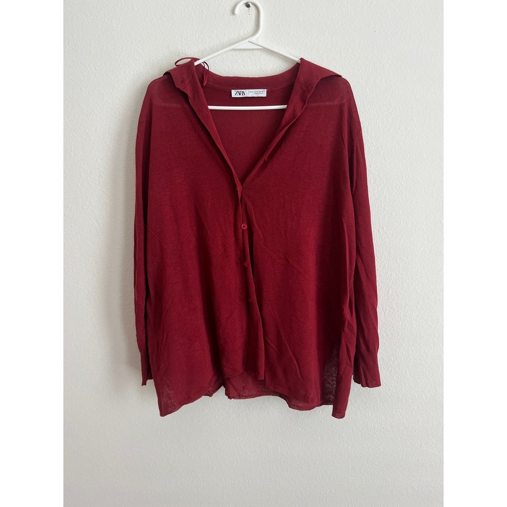 Zara Burgundy Red Knit Button Downโ Cardigan Collared Sweater Womens Size S